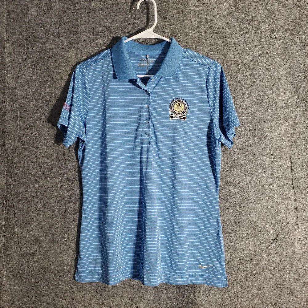 Nike Golf Polo Shirt Womens Large Blue Stripe Dri‎ Fit PGA Grand Slam Bermuda